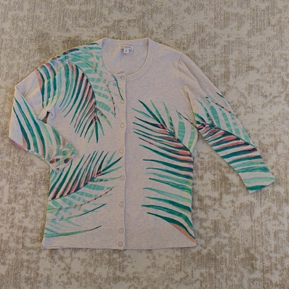 Merona Tropical Palm Leaf Print Heathered Button Up Cardigan Sweater MEDIUM Tan - Picture 9 of 15